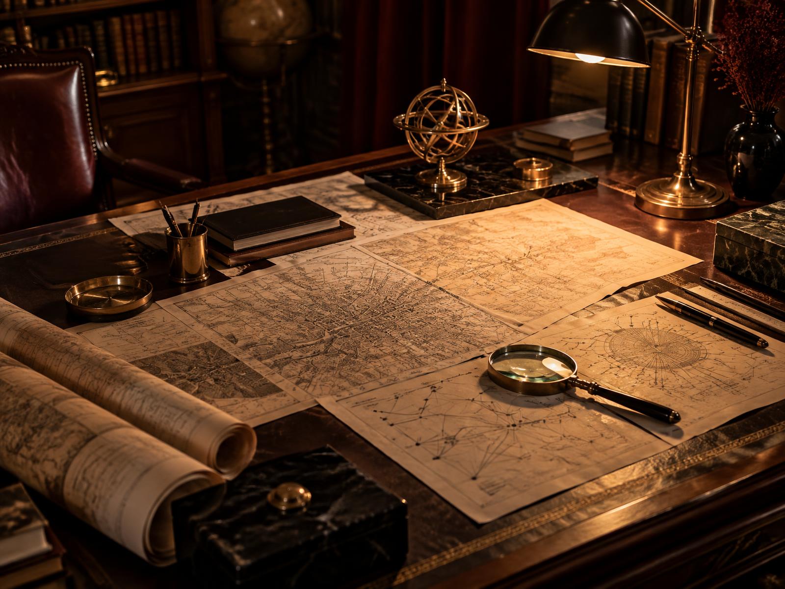 Strategy plans arranged on a warm, brass-lit studio desk